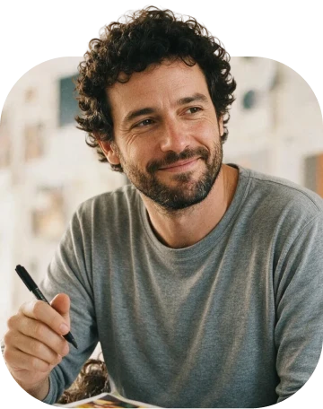 Homem sorrindo trabalhando em um café